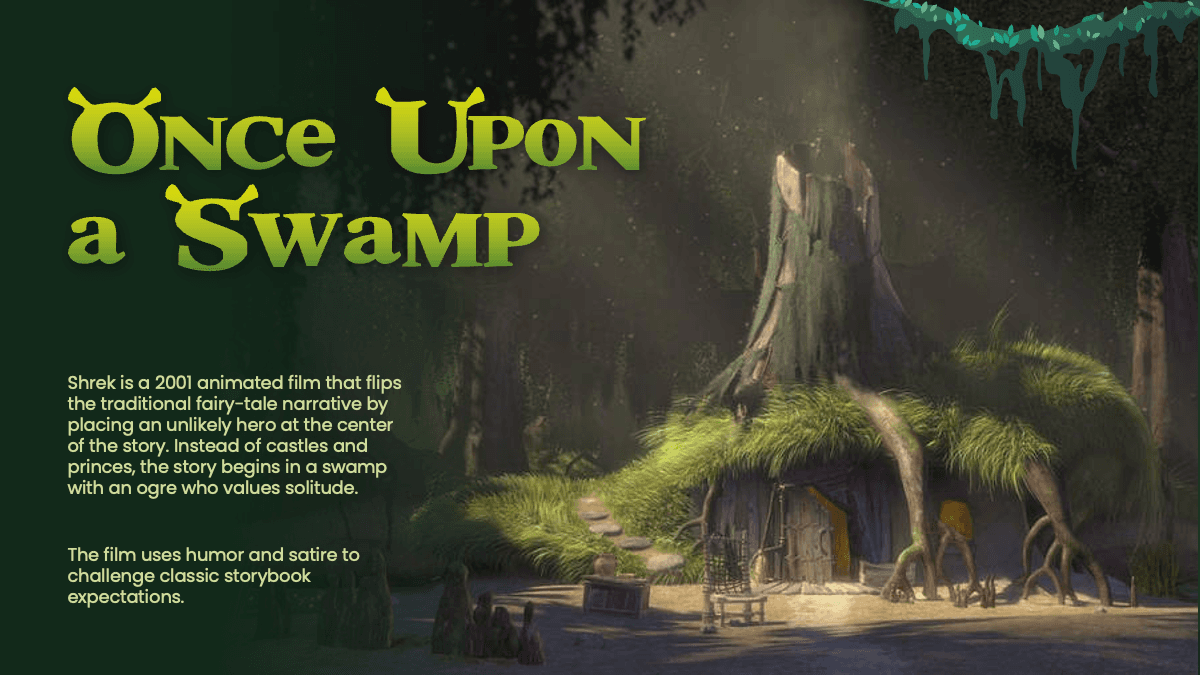 A slide introducing the setting of Shrek, featuring an illustration of Shrek’s swamp and a brief description of his world.