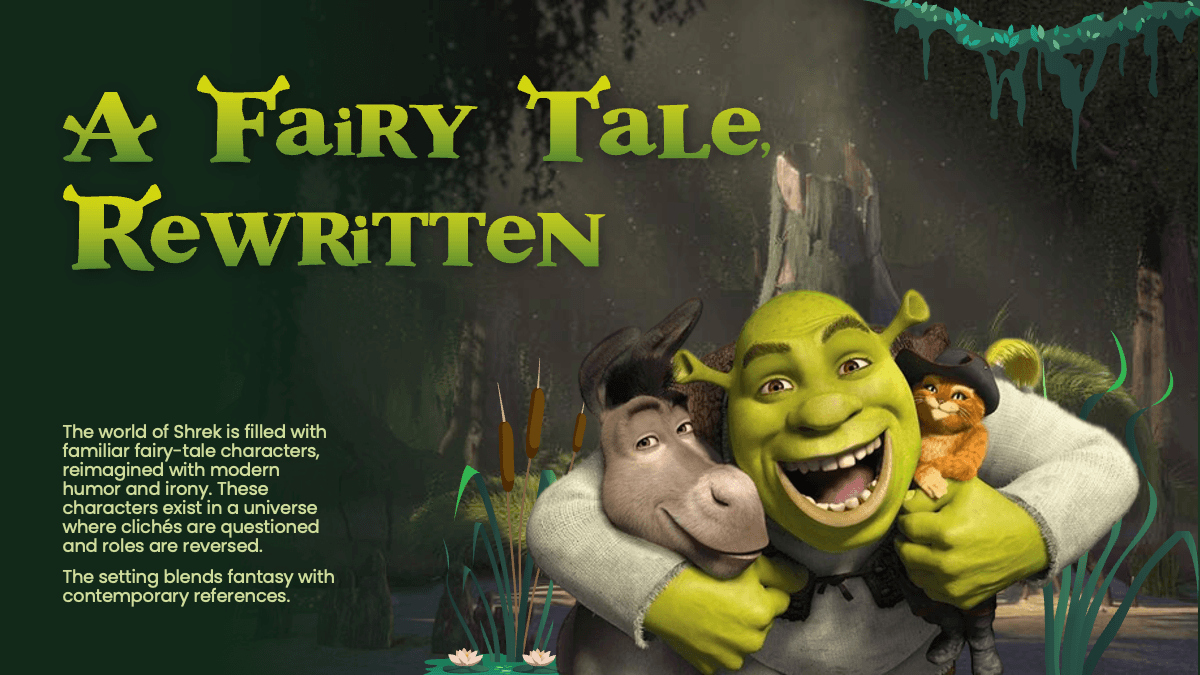 Shrek PowerPoint Template slide: Green ogre with donkey and Puss in Boots, yellow title text on dark swamp background
