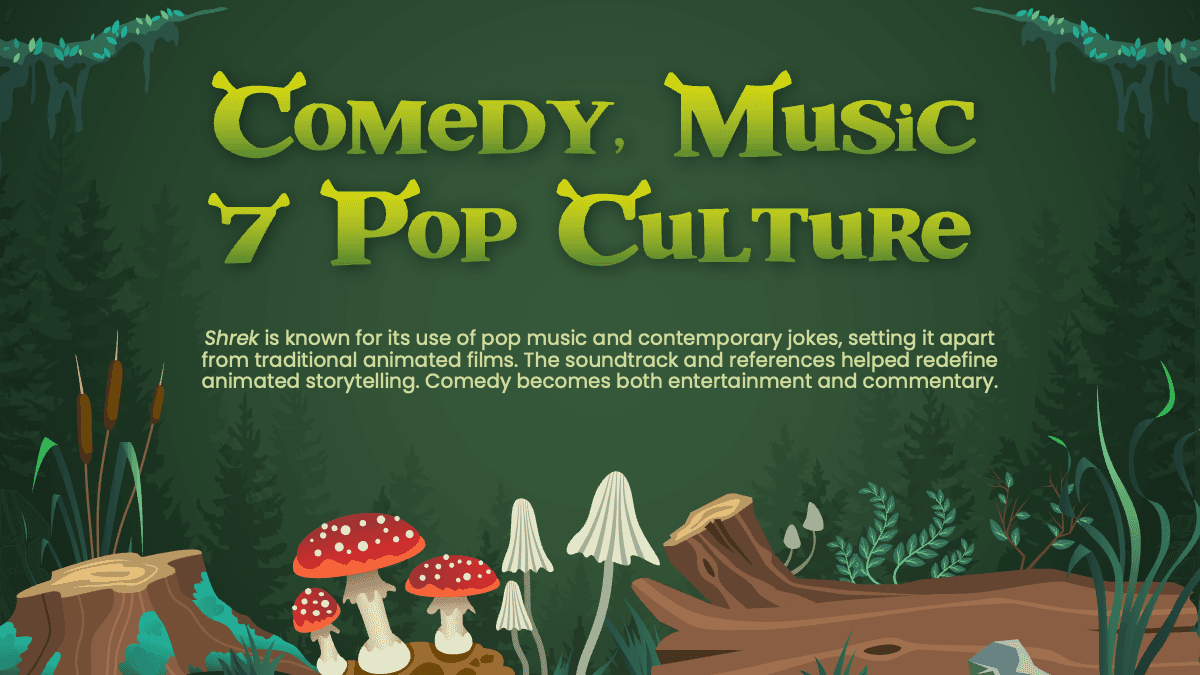 Shrek PowerPoint Template slide on comedy and pop culture with green forest background and mushroom illustrations