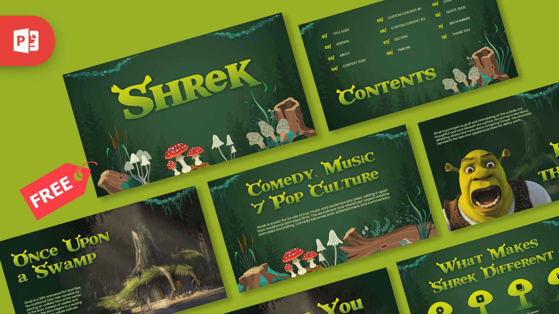 Shrek PowerPoint template cover with yellow title text, dark green background, and forest illustrations