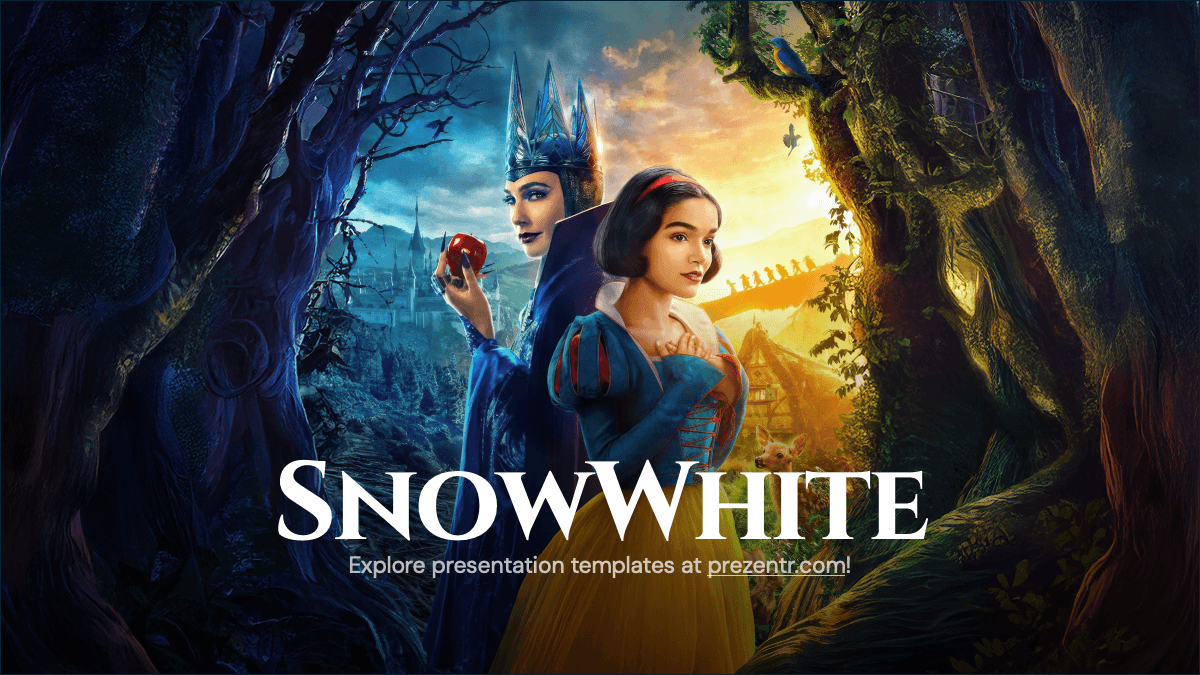 Snow White PowerPoint template featuring Evil Queen and Snow White with forest pathway and golden castle backdrop