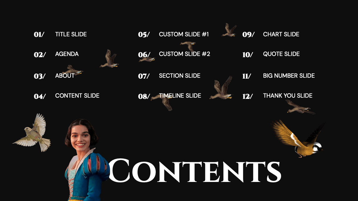 Snow White PowerPoint template contents slide with flying birds and character on black background
