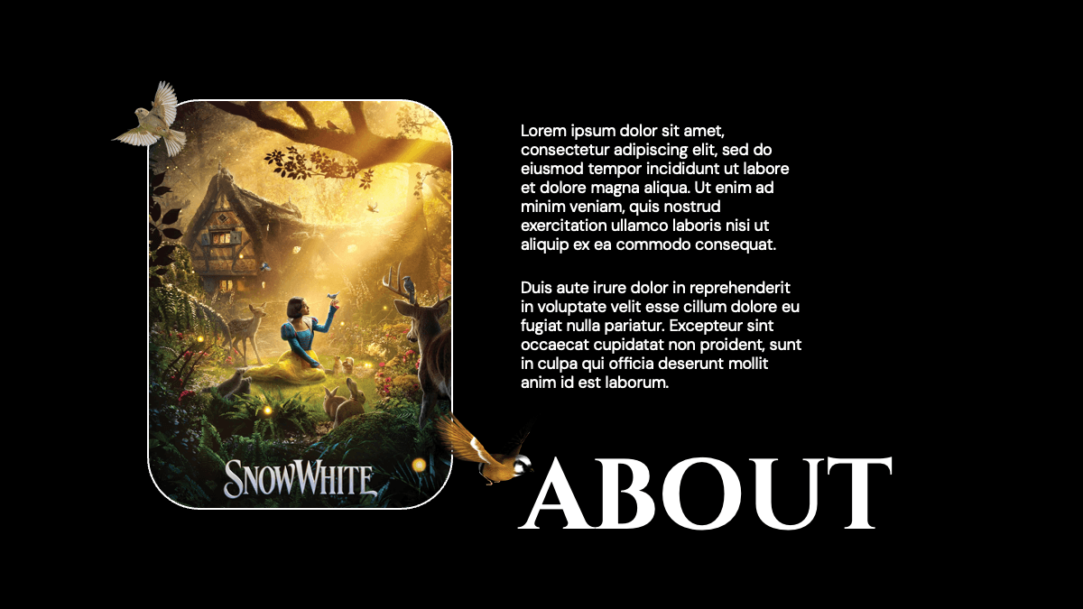 Snow White PowerPoint template slide with golden forest scene poster and Lorem ipsum text on black background