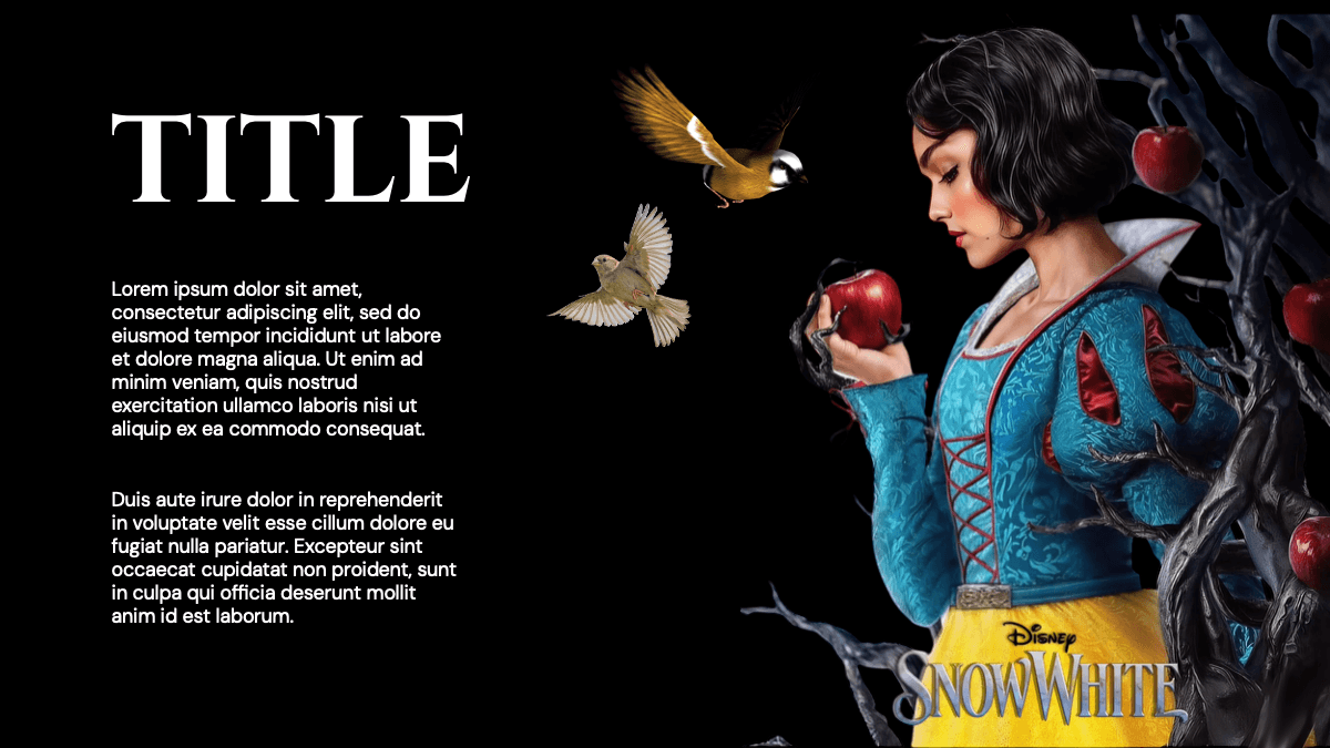Snow White PowerPoint Template slide with title text, Lorem ipsum body copy, character in blue dress holding red apple,