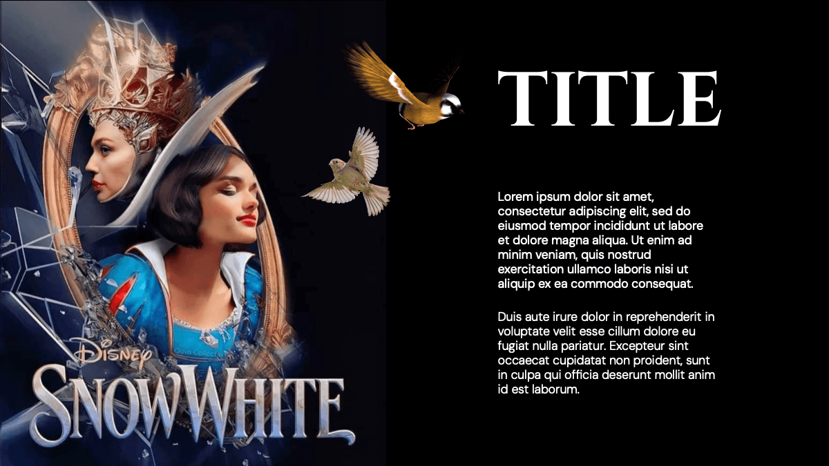 Snow White PowerPoint template slide with ornate queen and princess figures, flying birds, and black background with text