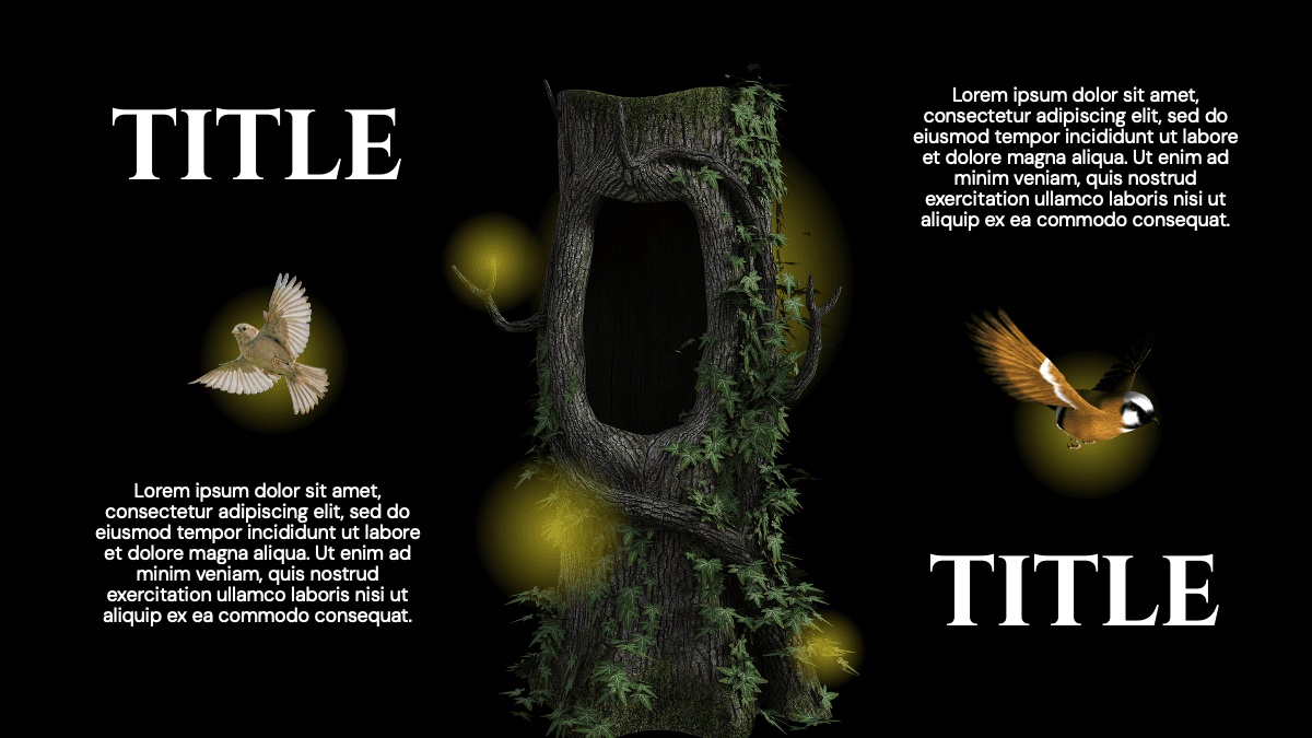 Snow White template slide: Dark background with glowing birds, moss-covered tree trunk, and Lorem ipsum text placeholders