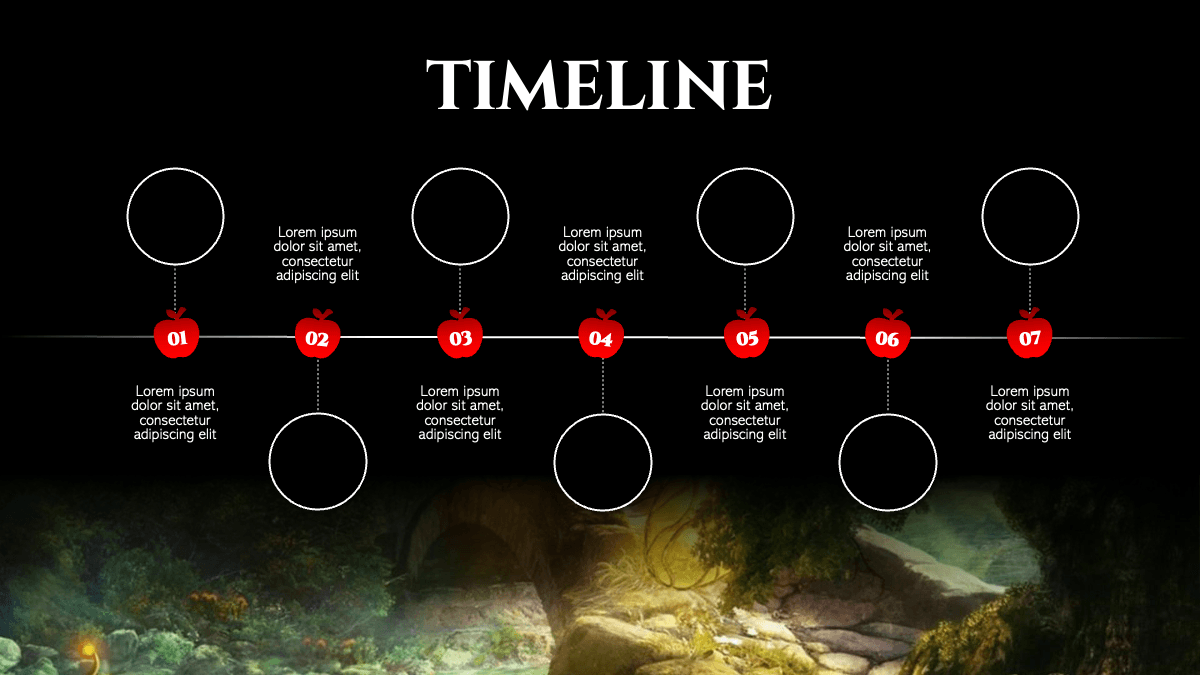Snow White template: horizontal timeline with 7 red numbered circles, white circles above and below, dark forest background