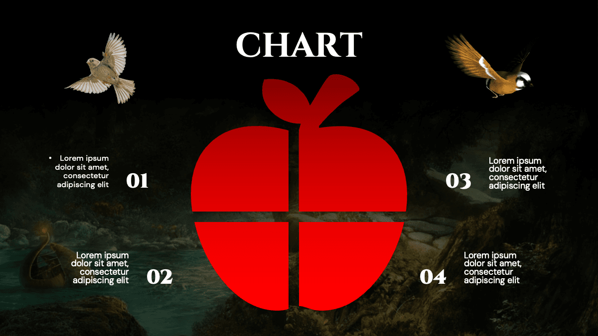 Snow White template: red apple divided into four sections with birds and nature background