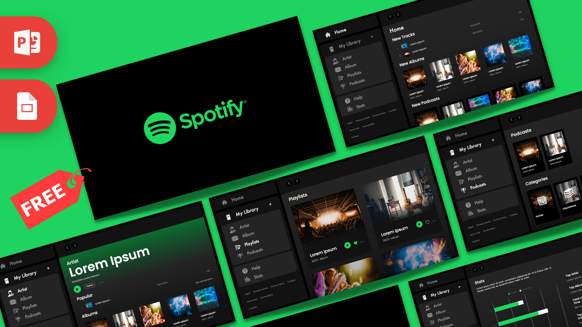 Spotify Template for PowerPoint displaying green and black design with app interface mockups on bright green background