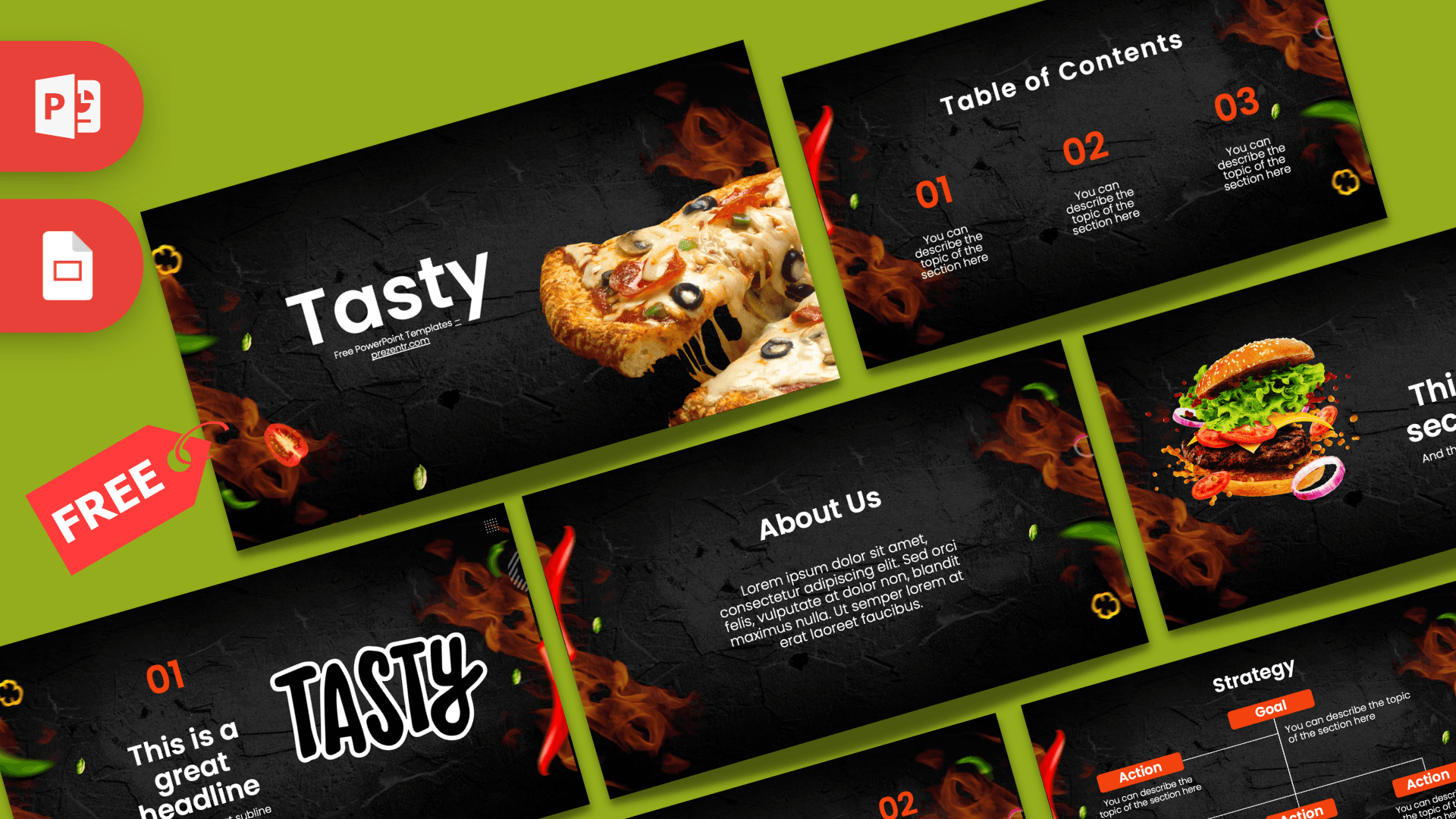 Tasty PowerPoint template cover slide with pizza image, lime green and black background