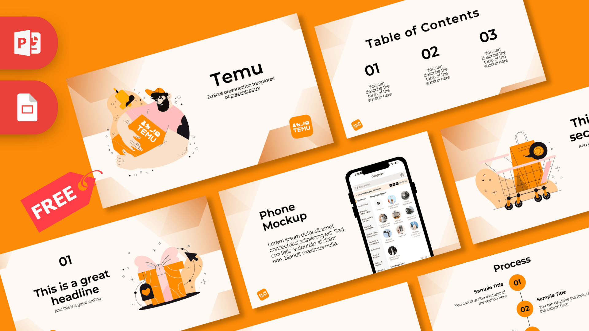 Temu PowerPoint template cover slide with orange background, illustrated characters, and table of contents layout