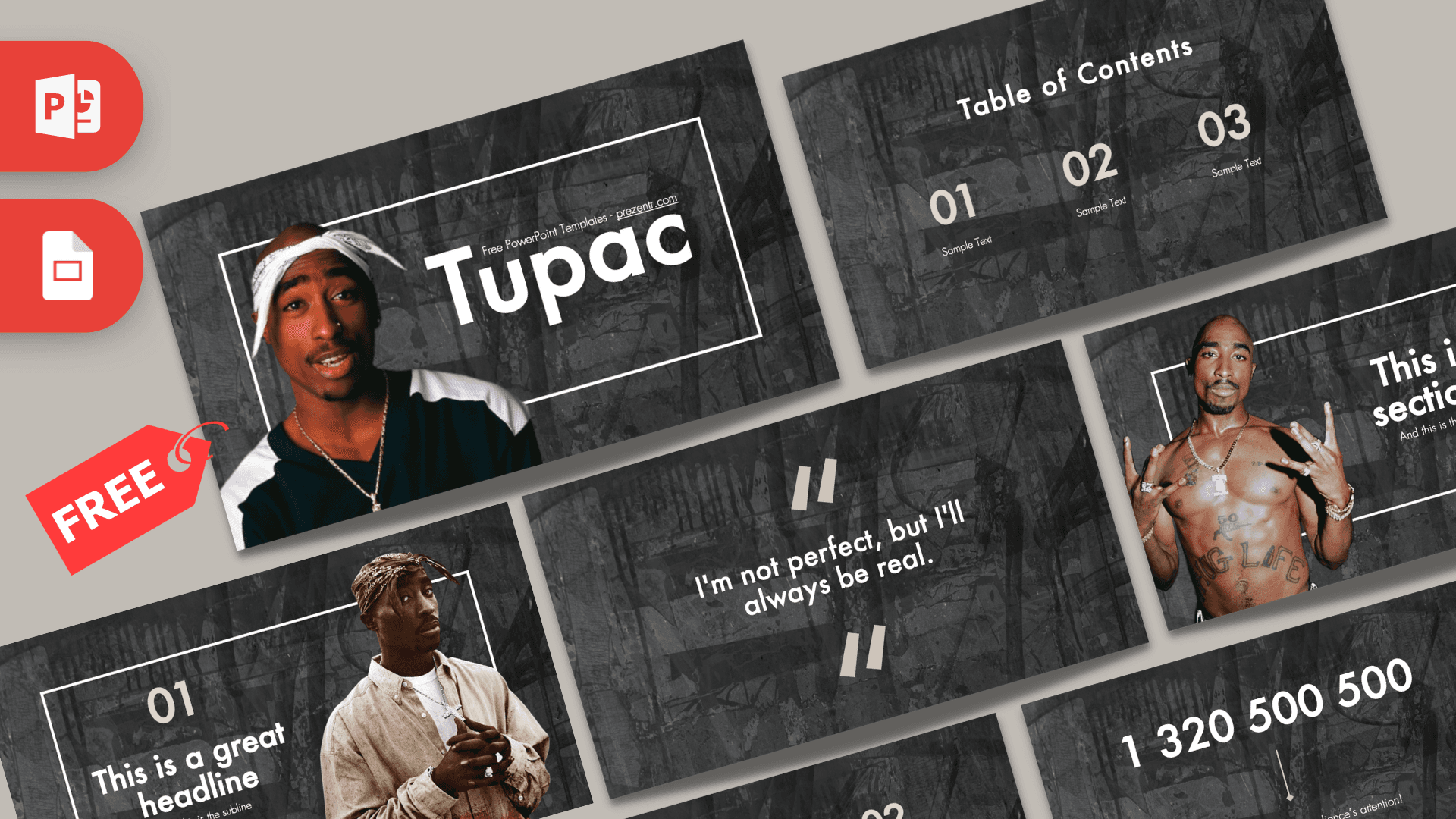 Dark Tupac PowerPoint template cover slide featuring artist photo, white text box, and brick wall background design