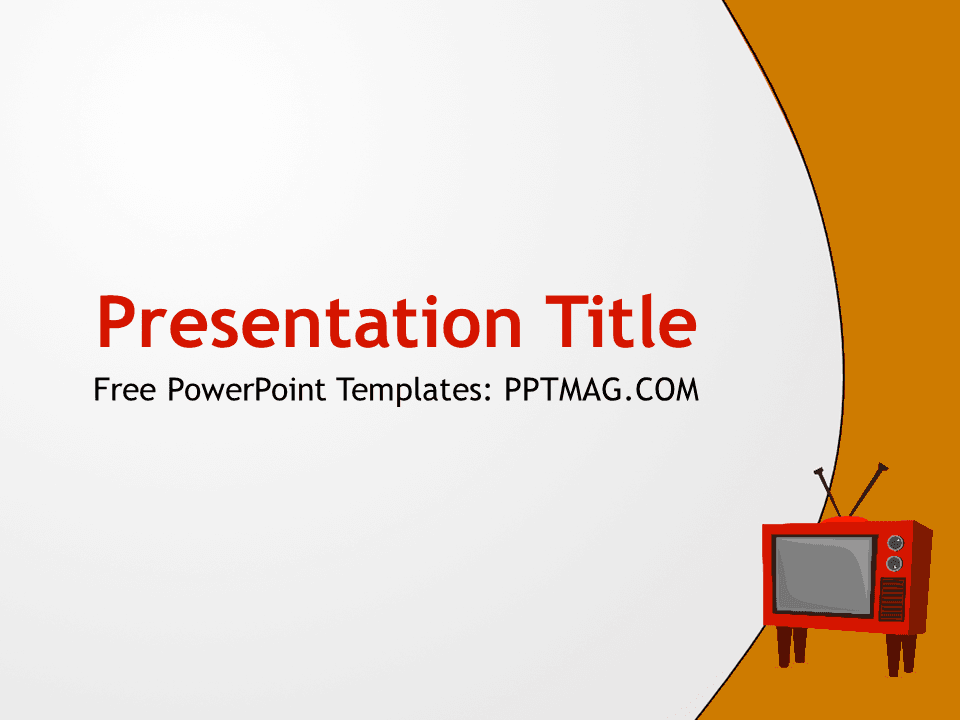 TV PowerPoint Template cover slide with red retro television graphic, orange and white curved design layout