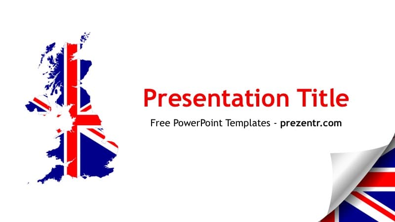 United Kingdom PowerPoint Template cover slide with UK map and Union Jack flag design in red, white, and blue