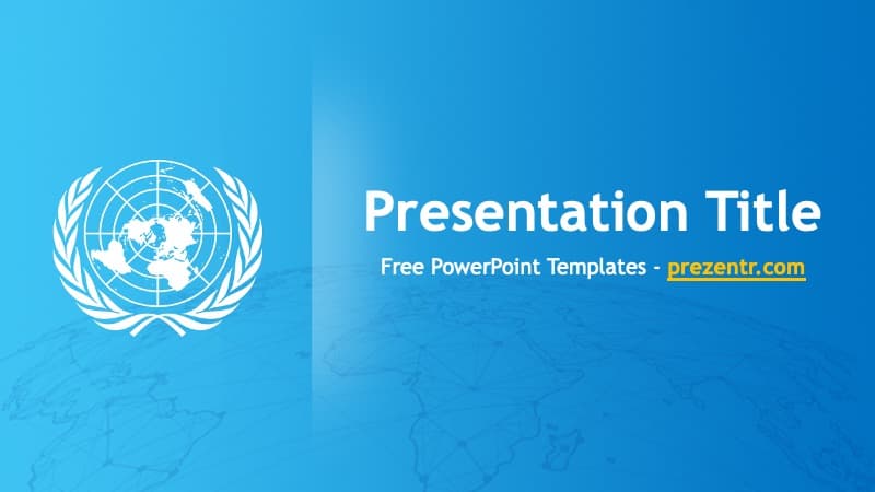 UN PowerPoint Template cover slide with blue gradient background and white UN logo emblem