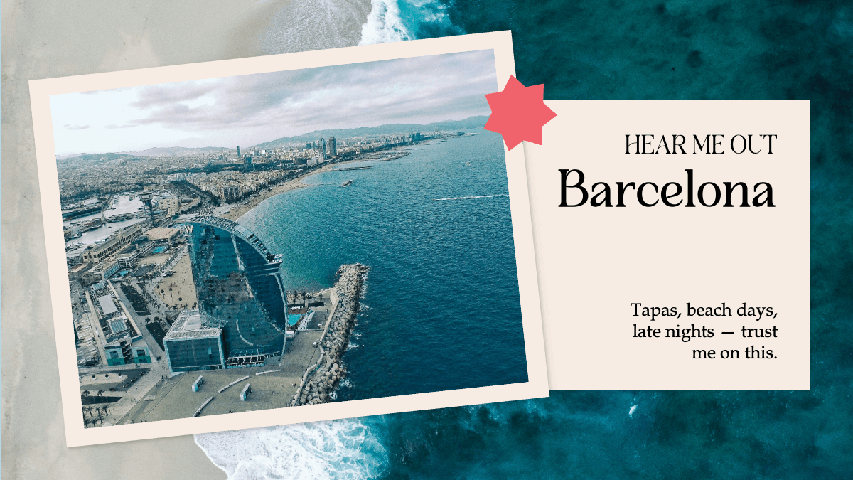 Vacation PowerPoint Template slide with aerial Barcelona beach photo, cream text box, red star accent