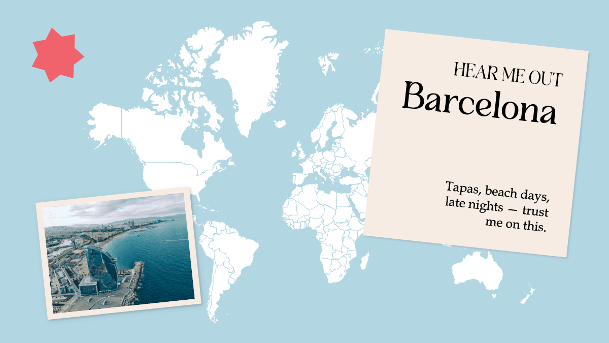Vacation PowerPoint Template slide with world map, Barcelona aerial photo, and travel text on blue background