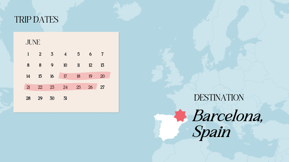 Vacation PowerPoint Template slide showing June calendar with highlighted dates and Barcelona, Spain destination on map