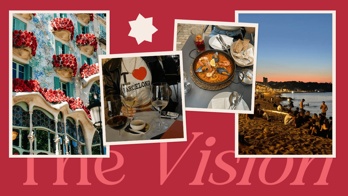 Vacation PowerPoint Template with red background, white-framed travel photos of Barcelona architecture, dining, and beach