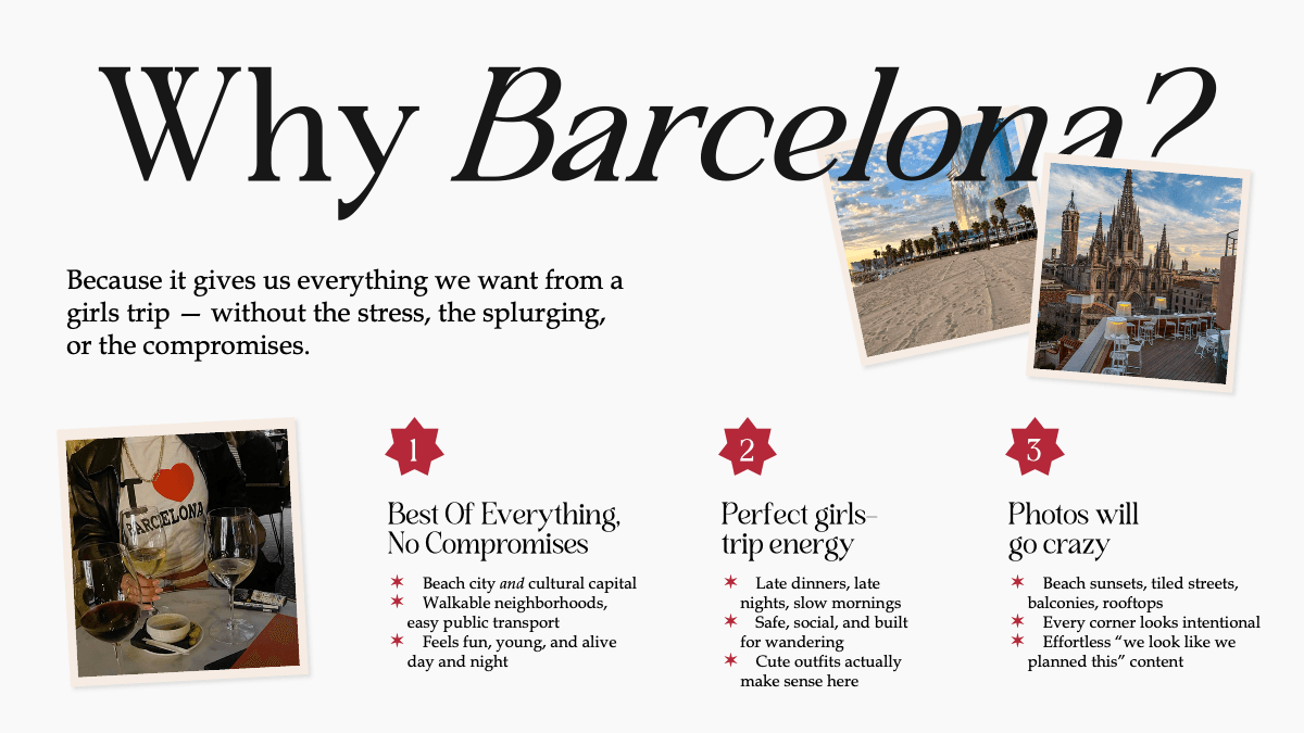 Vacation PowerPoint template slide with "Why Barcelona?" title, three red star icons with bullet points, and polaroid-style