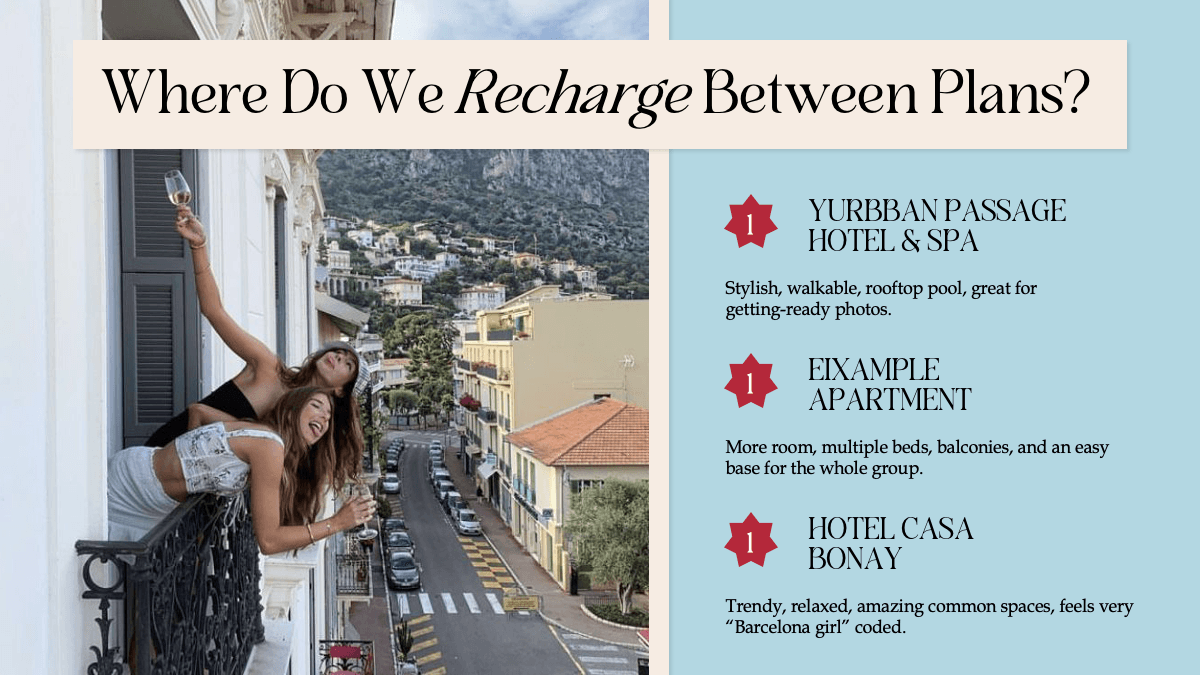 Vacation PowerPoint template slide with beige header, light blue background, and travel accommodation recommendations with