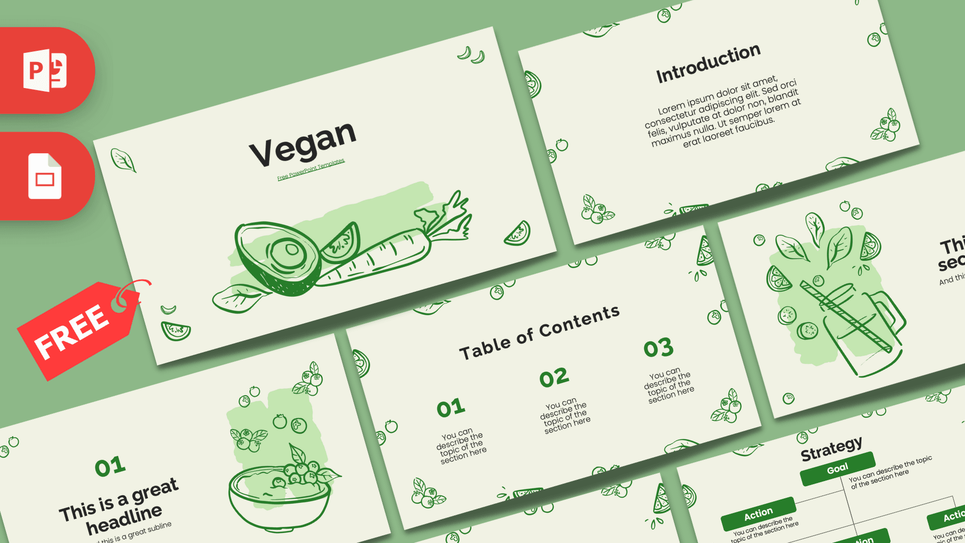 Vegan PowerPoint template cover slide with green and cream colors, hand-drawn vegetables and leaf illustrations