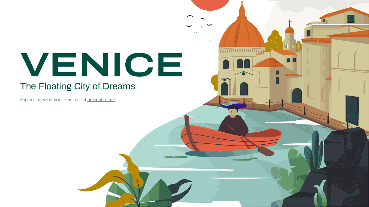 Venice PowerPoint Template slide featuring illustrated gondolier in red boat with cream and orange architecture
