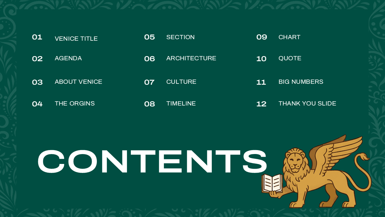 Venice PowerPoint Template contents slide with teal background, gold winged lion icon, and numbered section listings