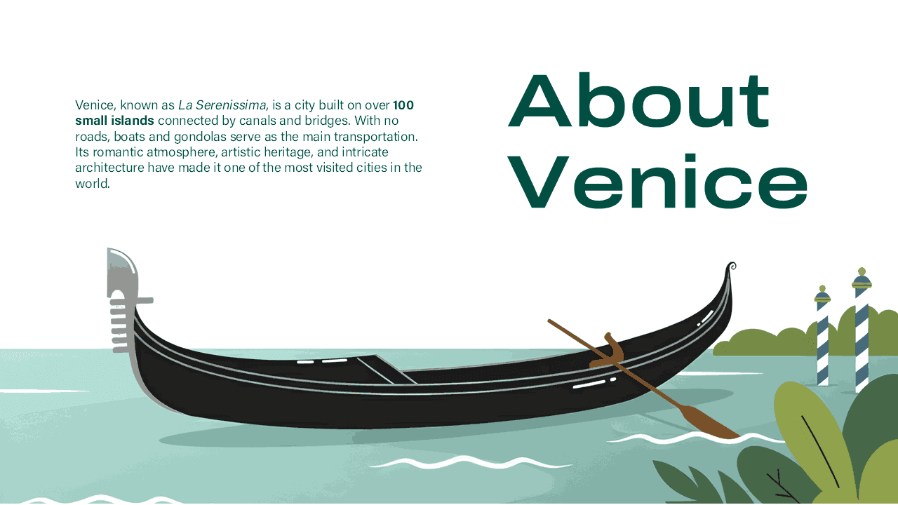 Venice PowerPoint Template slide featuring teal waters, black gondola, and "About Venice" heading in dark teal