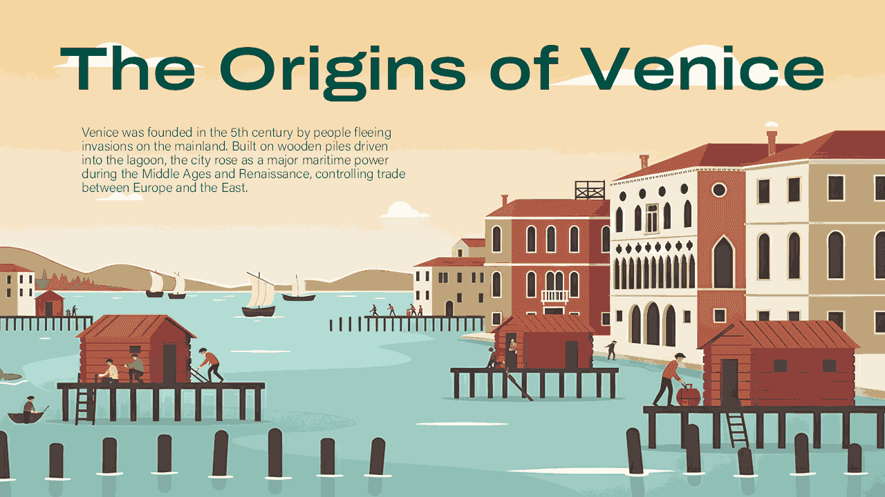 Venice PowerPoint Template: Illustrated waterfront scene with red buildings, wooden pilings, boats, and beige background