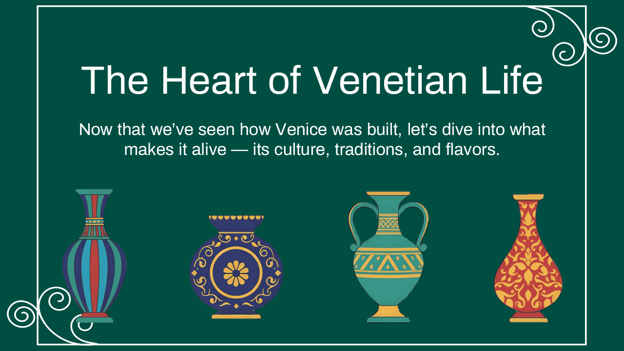 Venice PowerPoint Template slide with decorative vases on teal background, exploring Venetian culture and traditions