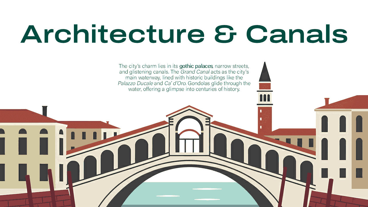Venice PowerPoint Template: Illustrated Venetian architecture with canal bridge, historic buildings, and teal water