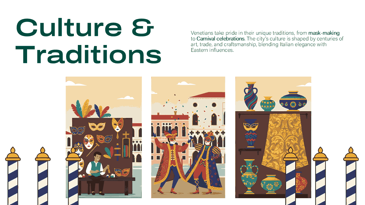 Venice PowerPoint Template slide showing Venetian culture with mask-making, Carnival, and ceramic artwork illustrations in