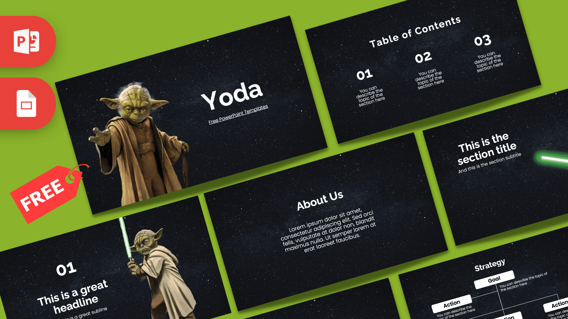 Yoda PowerPoint template cover slide featuring Yoda character on starry black background with lime green accents