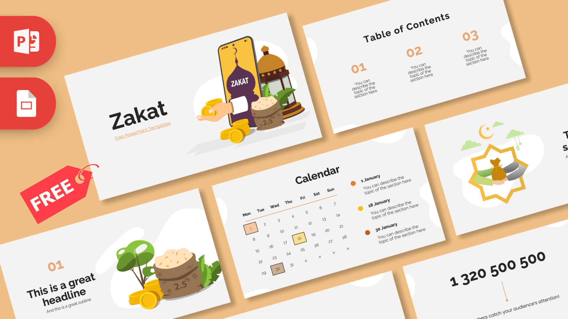 Zakat PowerPoint template cover with illustrated coins, lantern, and warm beige tones