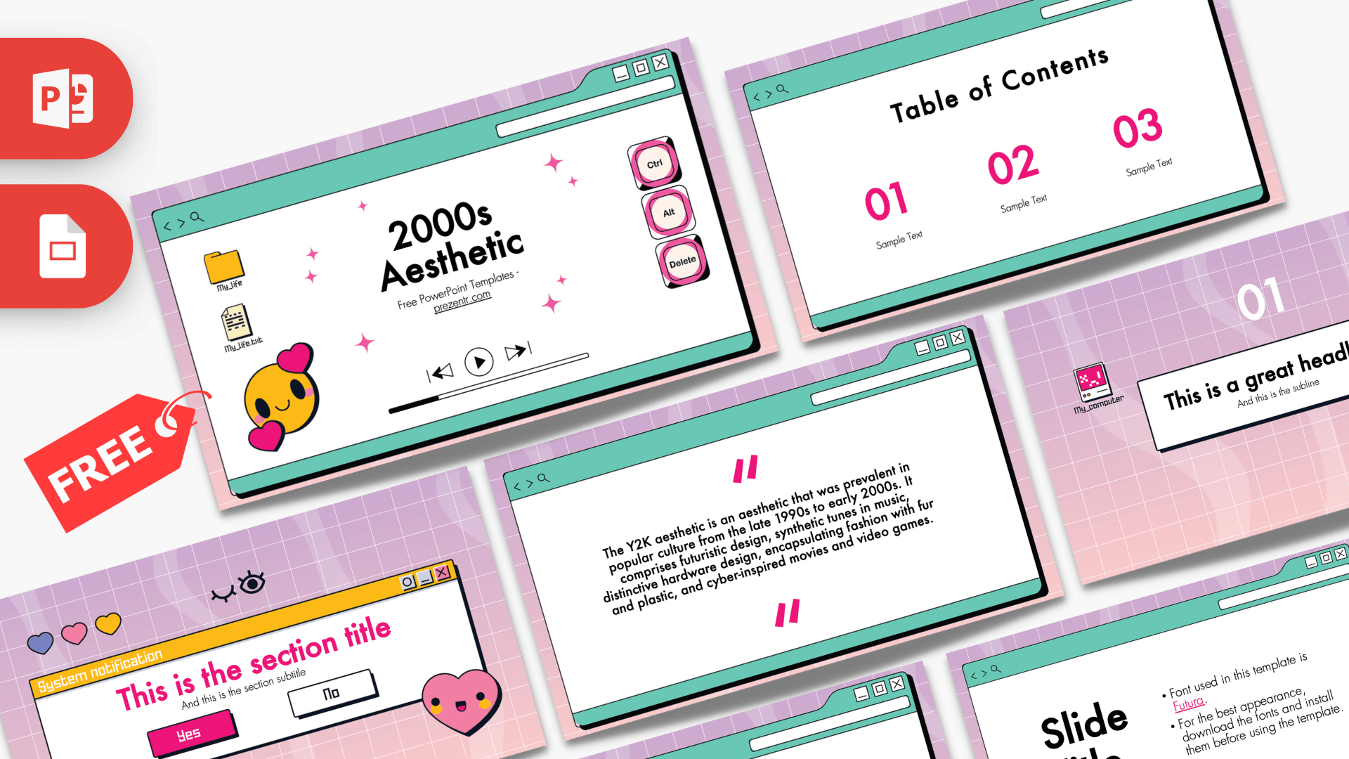 2000s Aesthetic PowerPoint template cover with pink and teal retro design and yellow smiley emoji