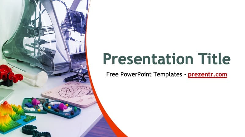 3D Printing PowerPoint Template cover slide with printer, colorful filament, and red curved design element