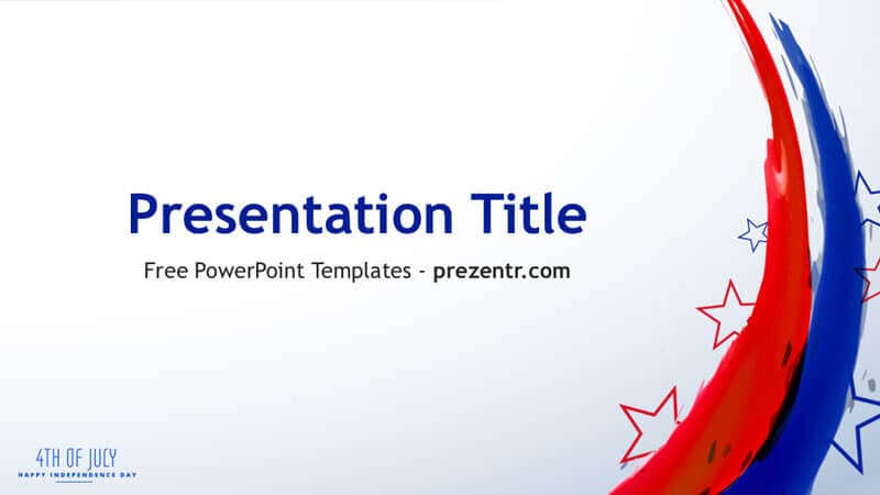 4th of July PowerPoint template cover slide with red, white, and blue curved ribbons and stars