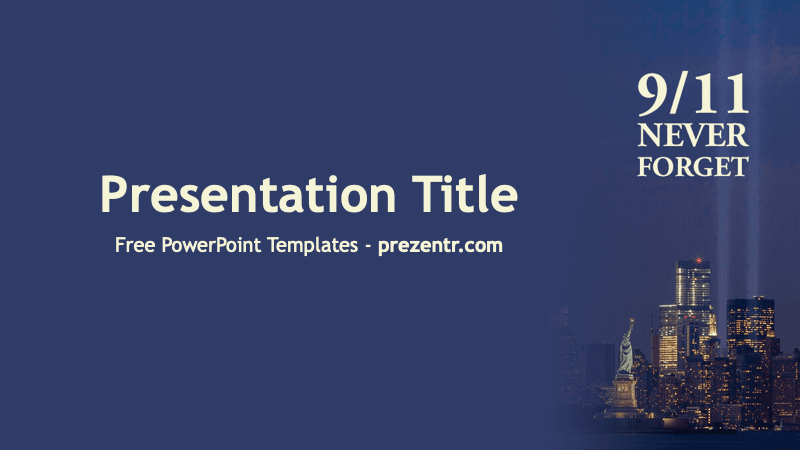 9/11 PowerPoint Template cover slide with dark blue background, NYC skyline, and memorial text