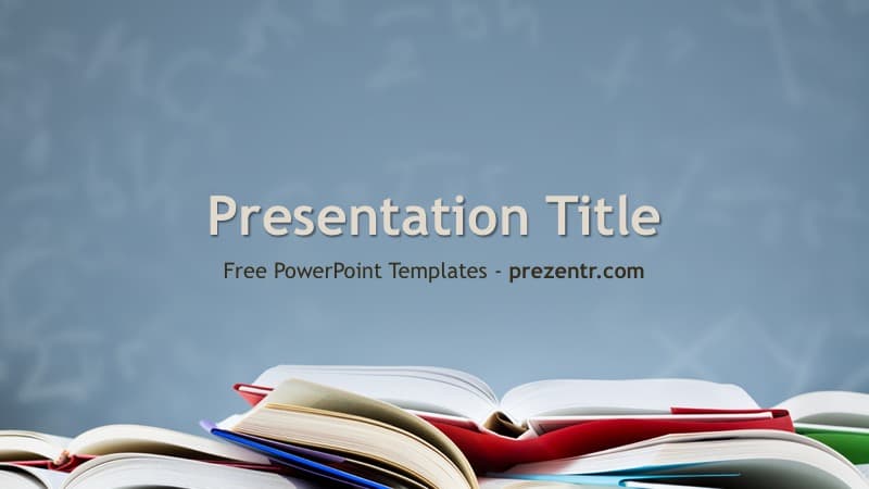 Academic PowerPoint Template cover slide with stacked colorful books and blue sky background