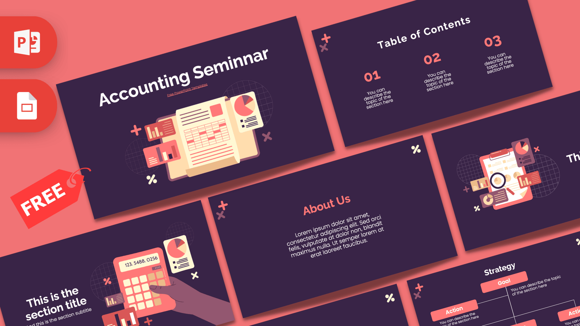 Accounting Seminar PowerPoint template cover with dark purple background, coral accents, and financial icons