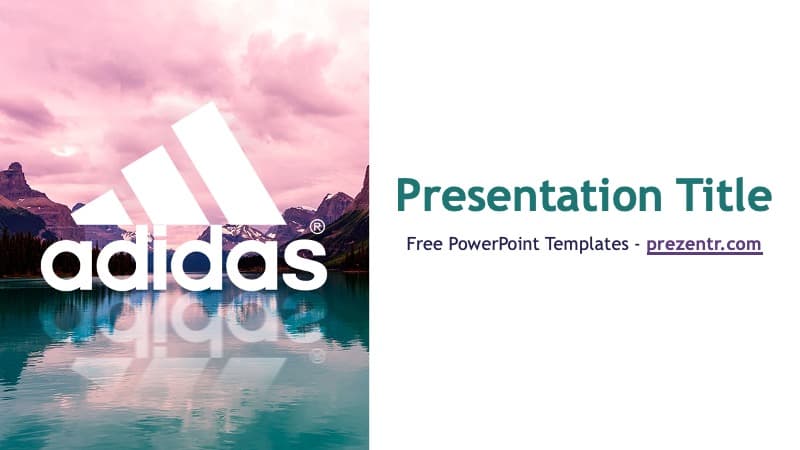 Adidas PowerPoint template cover slide with pink sky, mountain lake, and white three-stripe logo