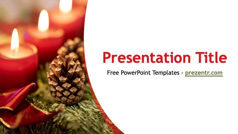 Advent PowerPoint Template cover slide with festive red candles, pine cones, and ribbon on white background