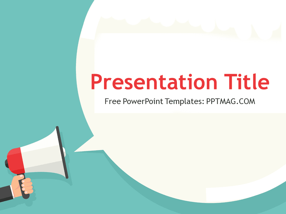 Advertising PowerPoint Template cover slide with turquoise background, megaphone icon, and speech bubble