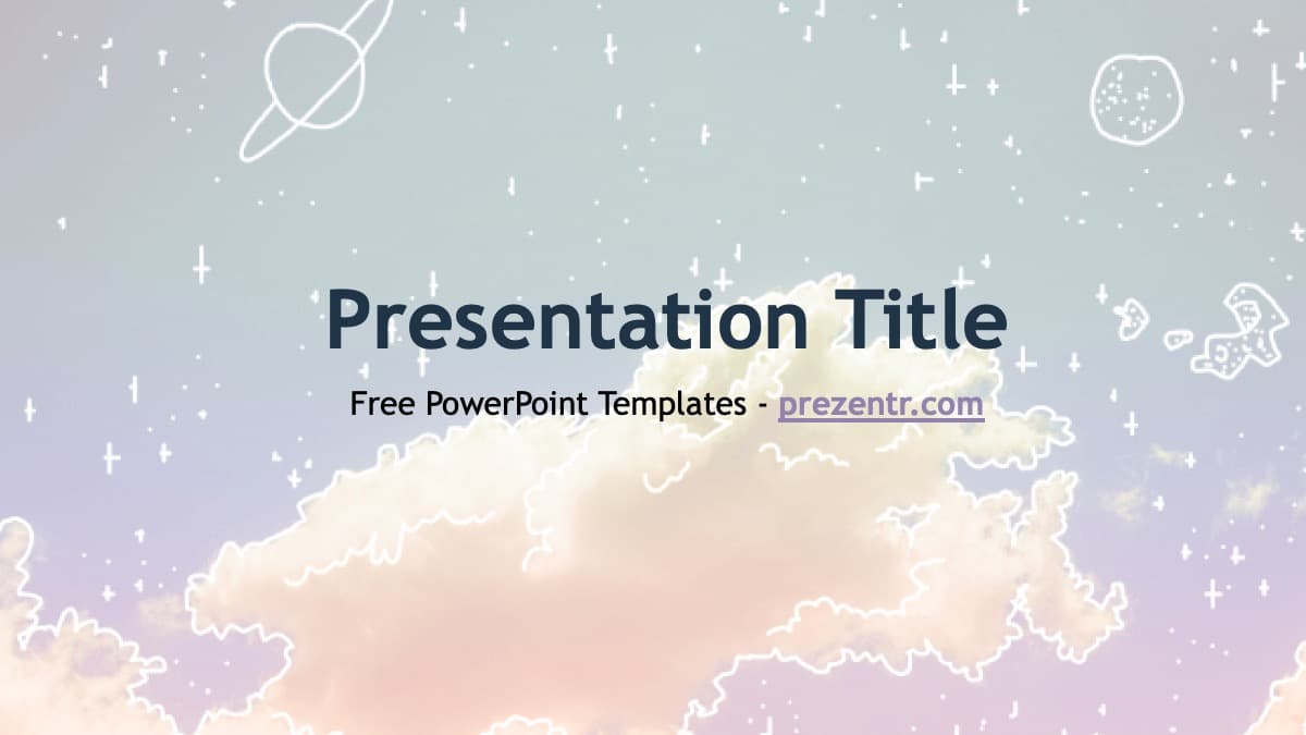 Aesthetic PowerPoint template cover slide with pastel clouds, space icons, and soft purple-blue gradient background