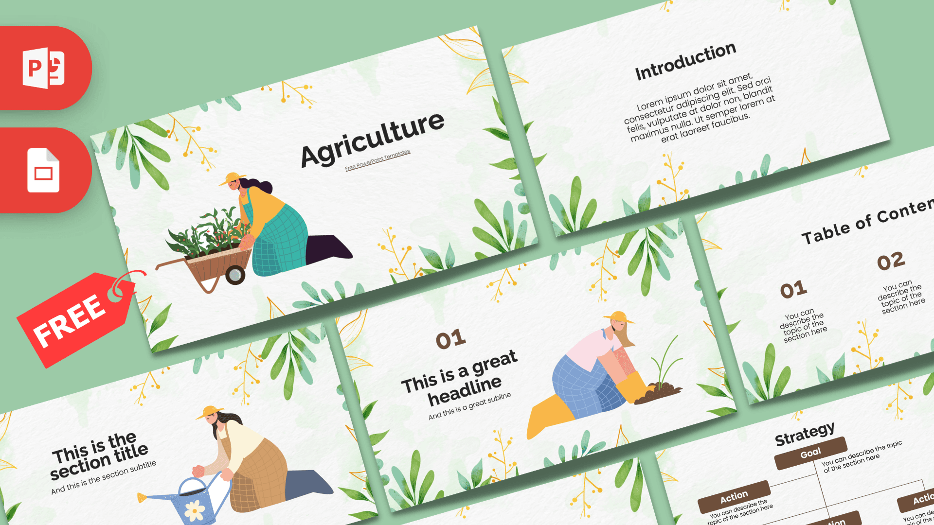 Agriculture PowerPoint Template cover with green botanical design and illustrated farmers