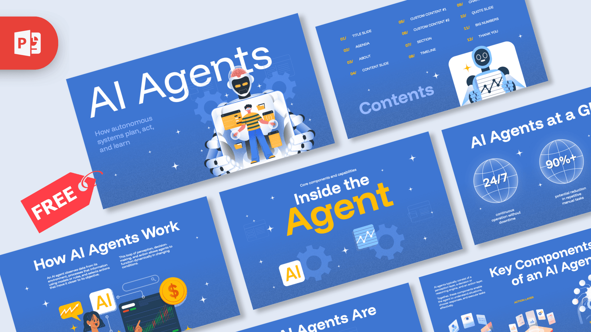 AI Agents PowerPoint Template cover slide with blue background, robot illustration, and yellow accents