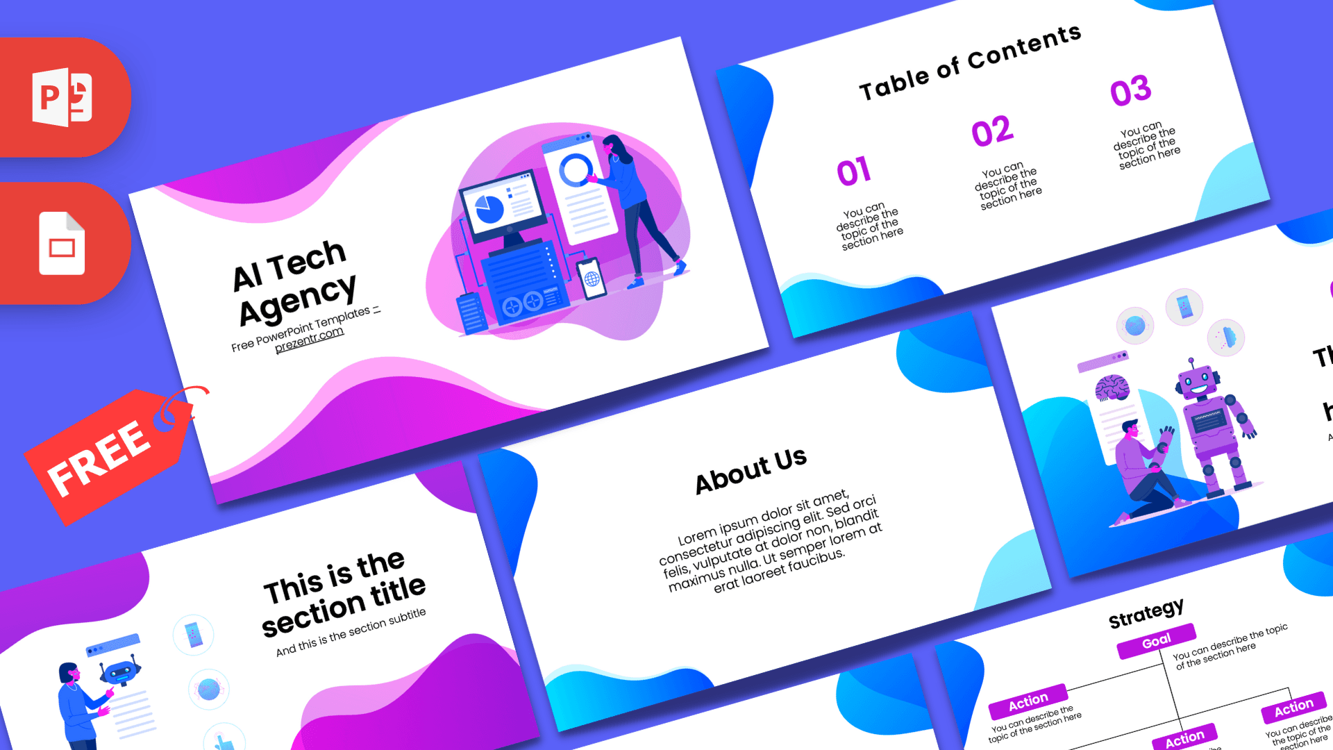 AI Tech Agency PowerPoint template cover with pink and blue gradient shapes, tech illustrations