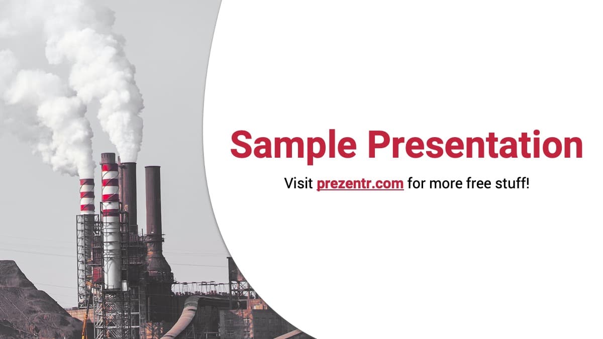 Air Pollution PowerPoint template cover slide with industrial factory smokestacks and red curved design