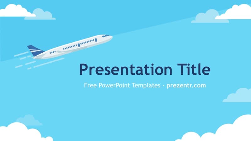 Aircraft PowerPoint Template cover slide featuring a white airplane flying through blue sky with white clouds